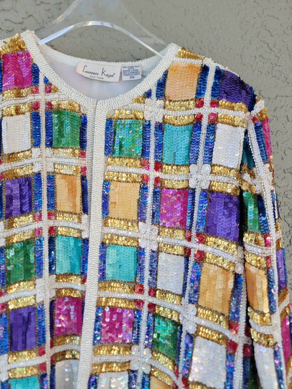 Vintage 80s Laurence Kazar 3X Silk Multicolor Sequin Beaded Jacket Dolly chic - Picture 3 of 15